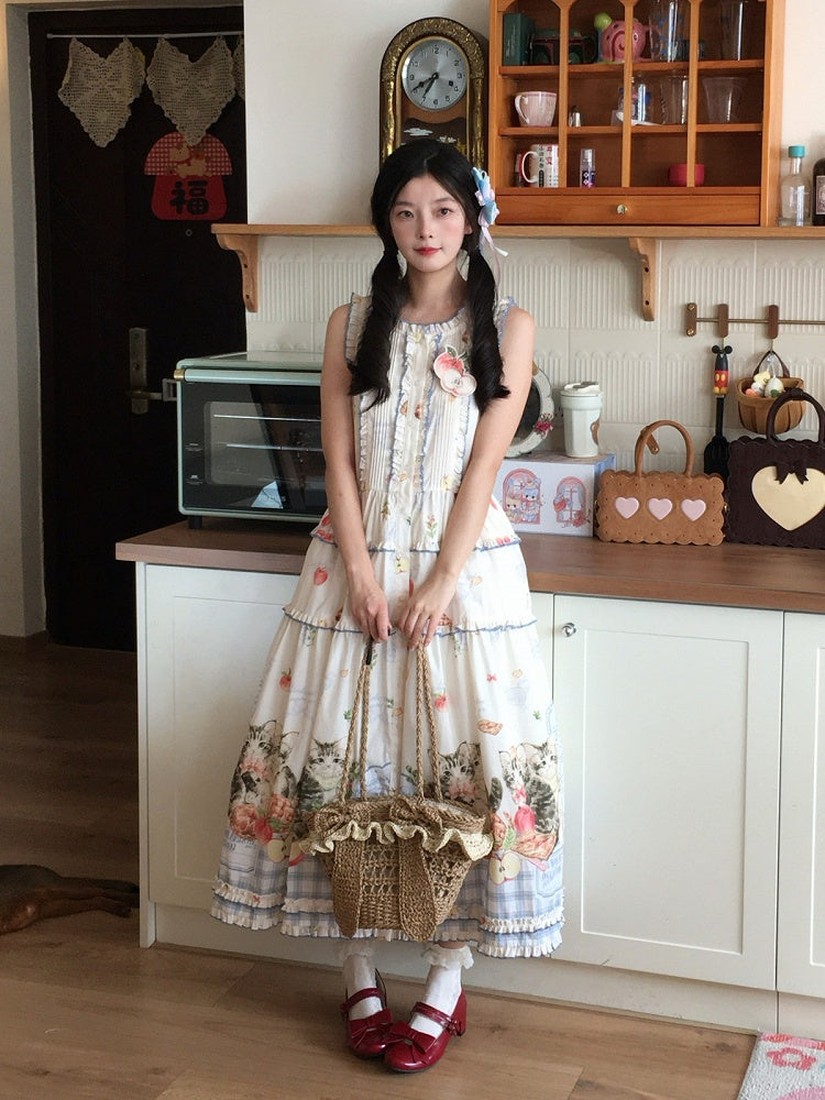 Kawaii Cat and Apple Design Cotton Sleeveless Dress in Short or Long Length