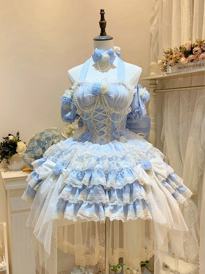 Hanayome Dress Fairy Jumper Tiered Skirt Hem Princess Blue Lolita Flower