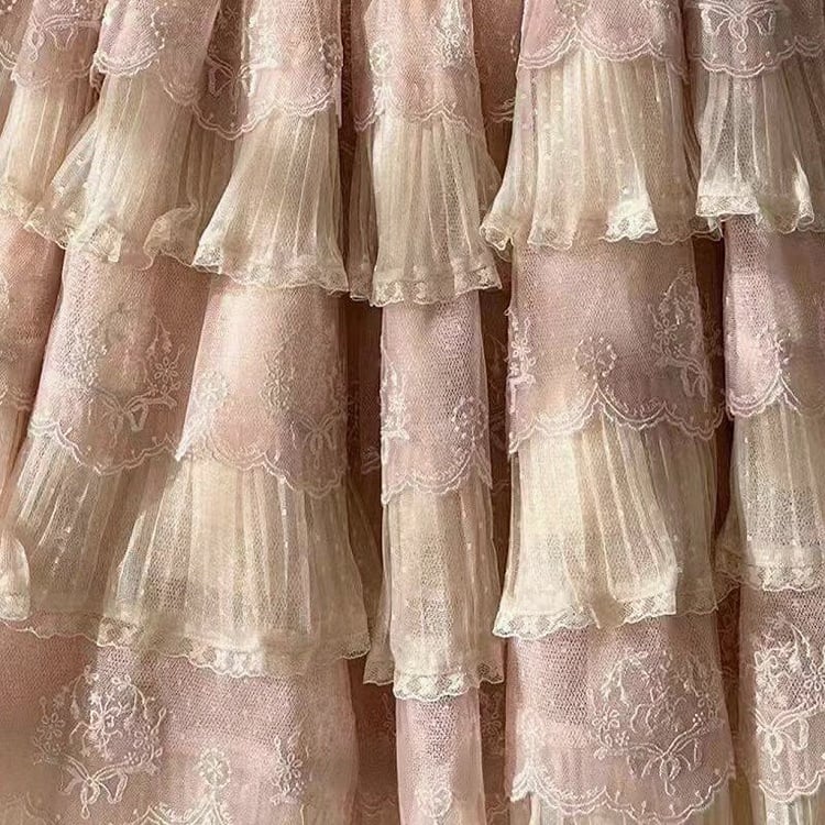 Tulle Details Skirt Beige Elegant Flower Embroidery with Pink Lolita Multi-Layered