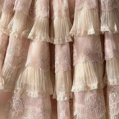 Tulle Details Skirt Beige Elegant Flower Embroidery with Pink Lolita Multi-Layered