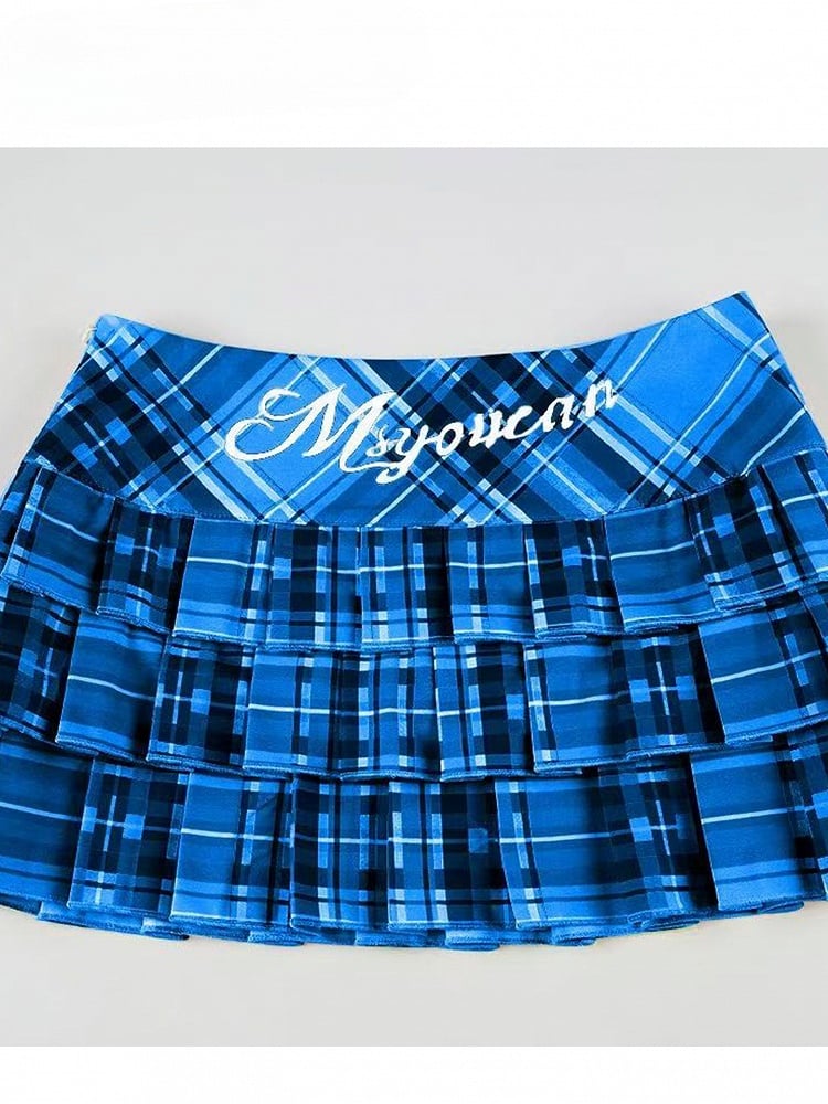 Musterrock Buchstabe Plaid Print Blau Y2K Plissee Klein