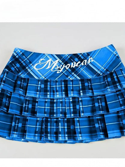 Musterrock Buchstabe Plaid Print Blau Y2K Plissee Klein