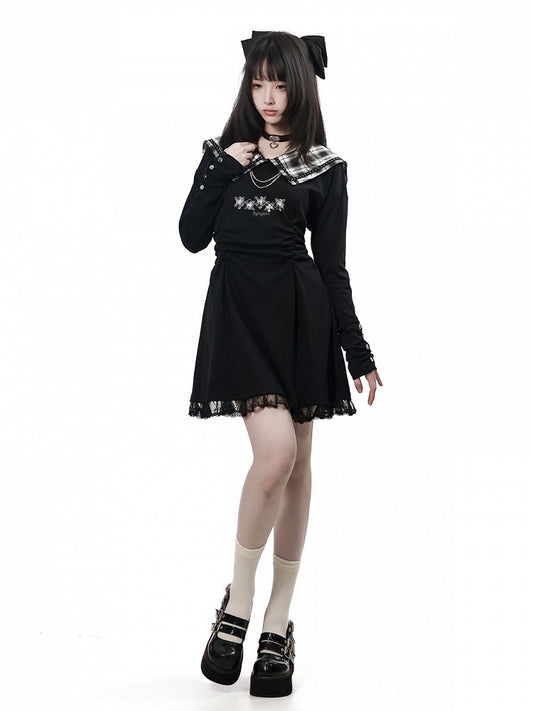 Dark Kawaii Black Plaid Sailor Collar Long Sleeve Dress with Cross Motif & Lace Trim, Gathered Waist - PINK SAVIOR