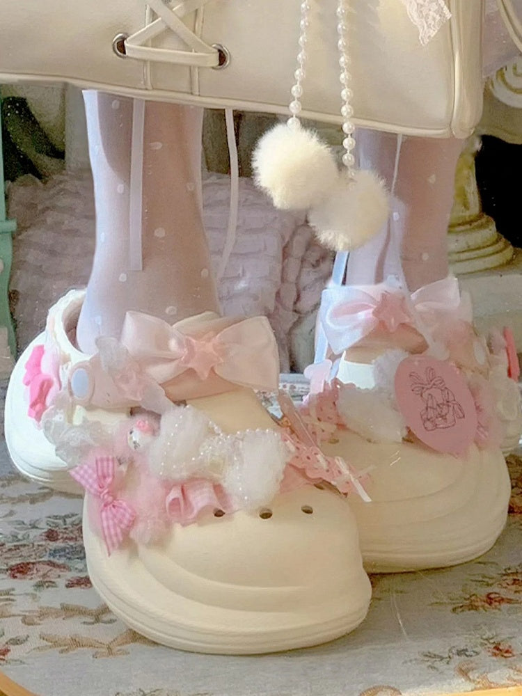 Lolita Sweet Bow with Platform Crocs-style Clogs Ruffle - Decor Version Beige Trim Regular/Thicken