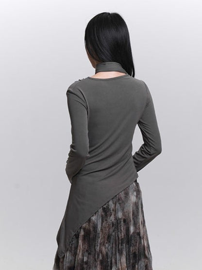 Gray/Black Long Sleeve Top with Gathering Details and Asymmetrical Neckline