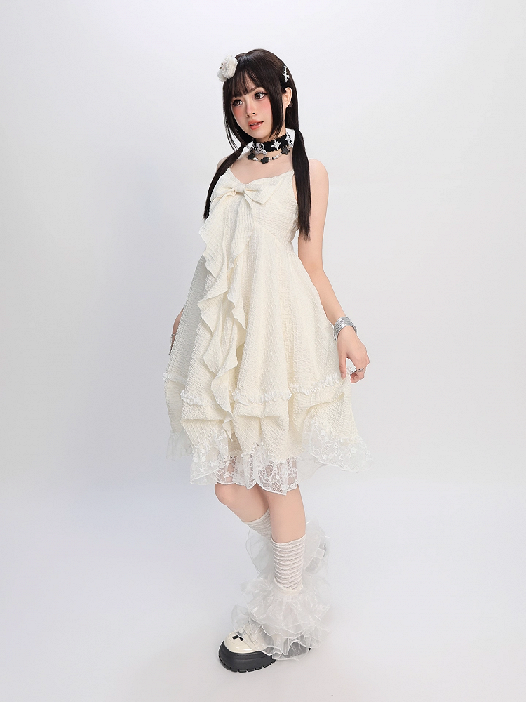 Big Bow Ausschnitt Spitzenrock Apricot Cami Kleid Trim Bubble