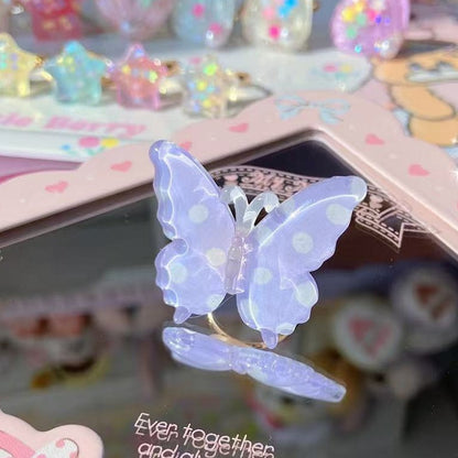 ピンク/イエロー/ブルー/パープルの水玉模様のバタフライリング