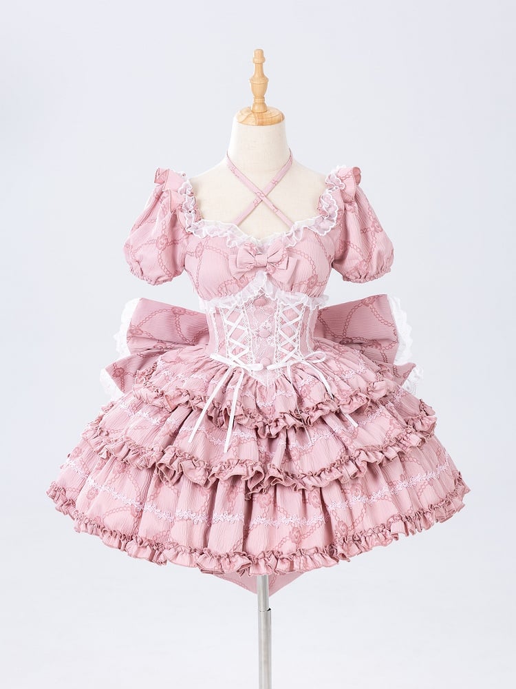 Pink Back with Dress Waist Big Corset Princess Lolita Skirt at Ruffle OP Bow