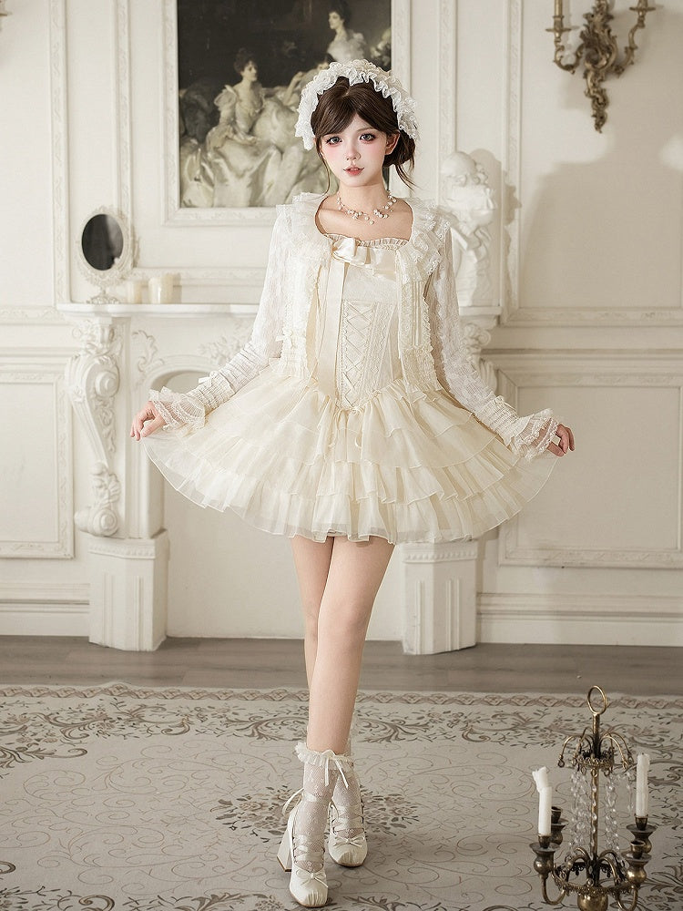 Boned Corset Waist Spaghetti Straps Dress Lolita JSK with Tiered Skirt - With PUJI