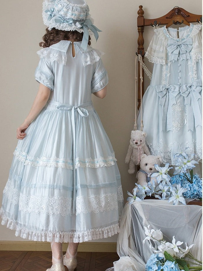 Blue Peter Pan Collar Lolita Long Dress with Lace and Embroidery