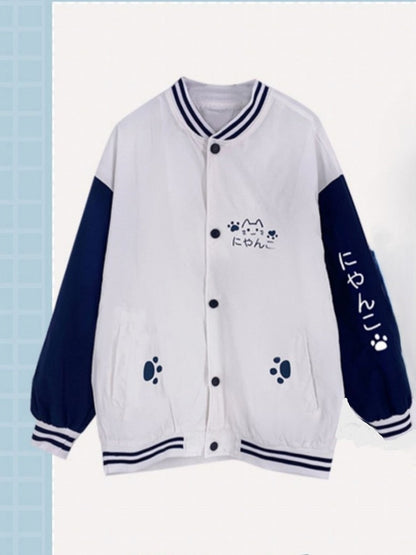 and Doodle with Preppy Cat Jacket White Blue Baseball - Style Paw Print