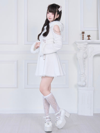 Pure Shoulder Jirai Hoodie with Beaded Chains Trim Plush Cutout Kei White Dress: