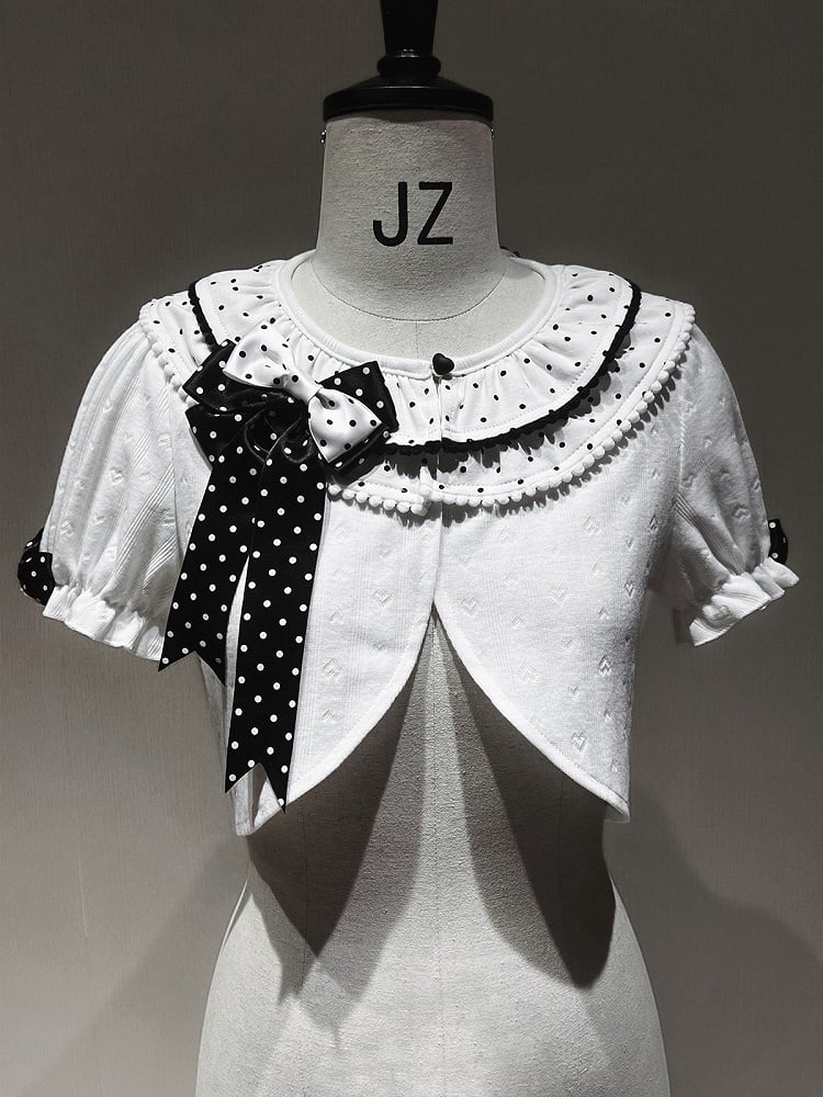 White Polka Dot Collar Knitted Gothic Lolita Cardigan with Bows - Tan Tuan