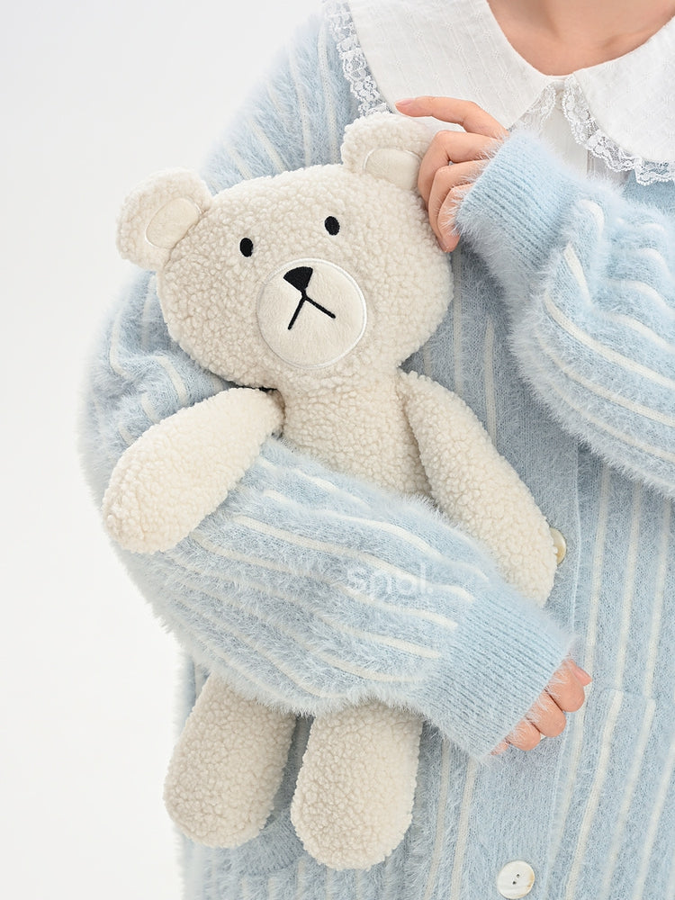 Cute Little Bear Plushie Adorned  Blue Striped Loose Cardigan