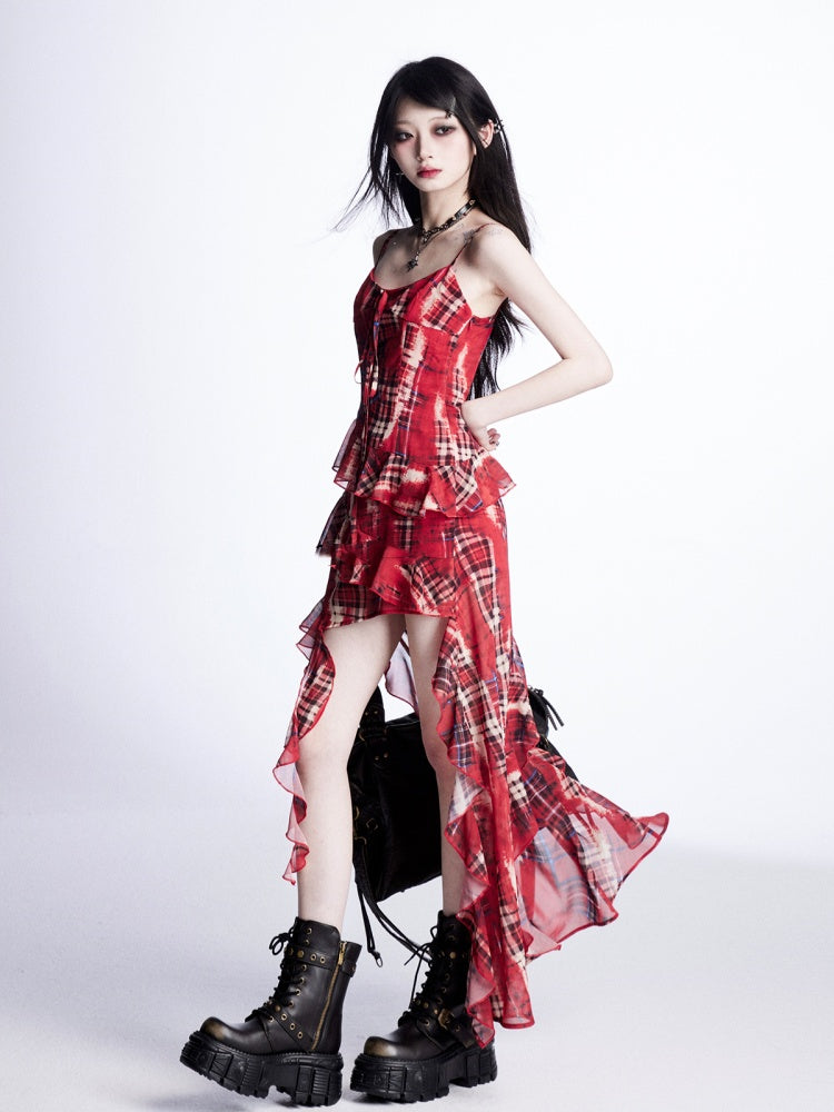 High-low Cami Dress Red Plaid Cascading Ruffle Trim Holiday Skirt