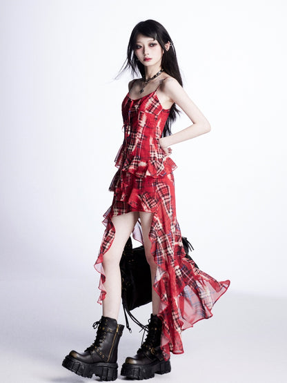 High-low Cami Dress Red Plaid Cascading Ruffle Trim Holiday Skirt