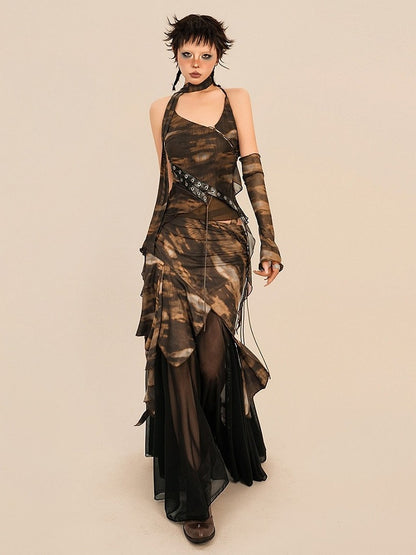 Coffee Vintage Asymmetrical Strap Sleeveless Top with One Arm Sleeve and Ribbon Set