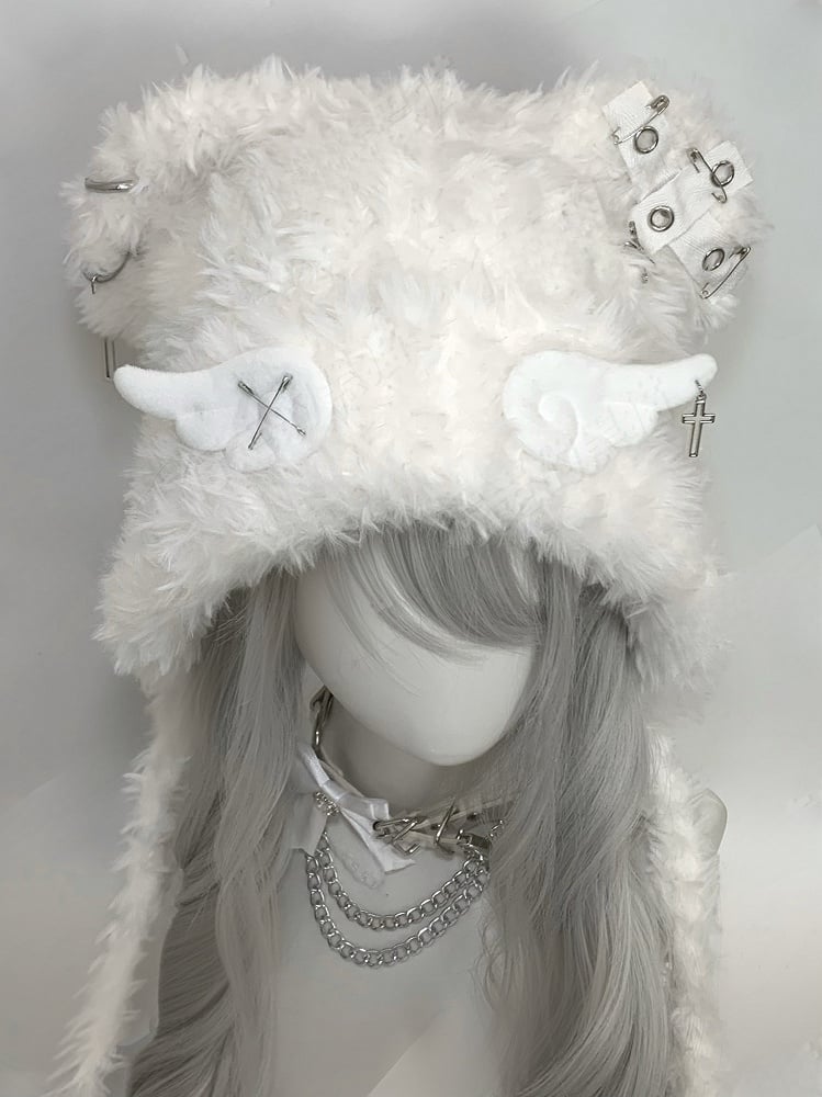 White Angel Wings Cross and Pins Cat Ear Plush Hat