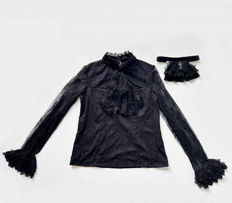 Black Embroidered Lace Blouse with Velvet V-Neck Coat and Layered Mermaid Skirt - DevilInspired Exclusive Collection