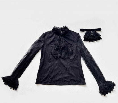 Black Embroidered Lace Blouse with Velvet V-Neck Coat and Layered Mermaid Skirt - DevilInspired Exclusive Collection