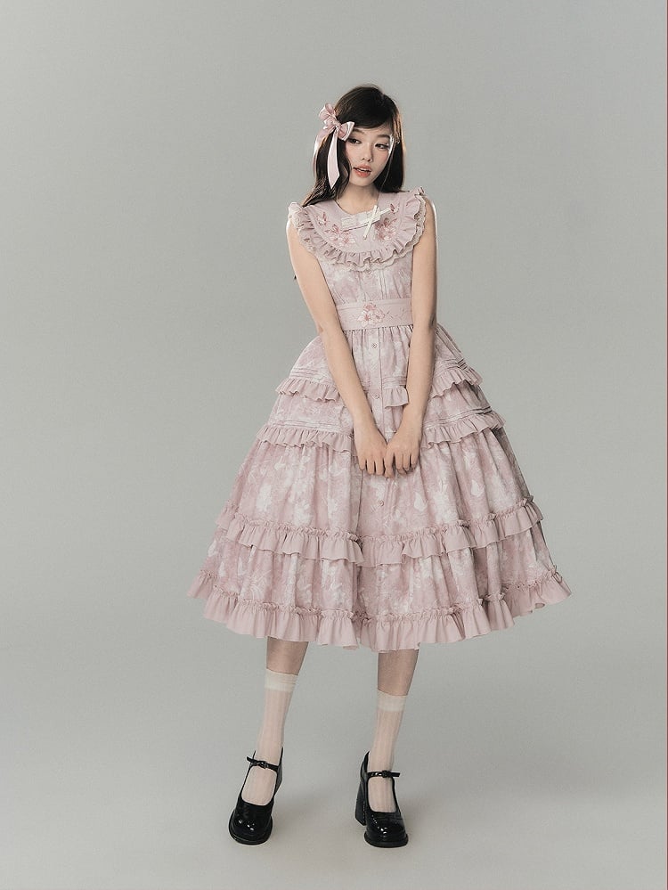 Pink Sweet Lolita Layered Skirt Sleeveless Dress with Embroidery - Yimu Walnut
