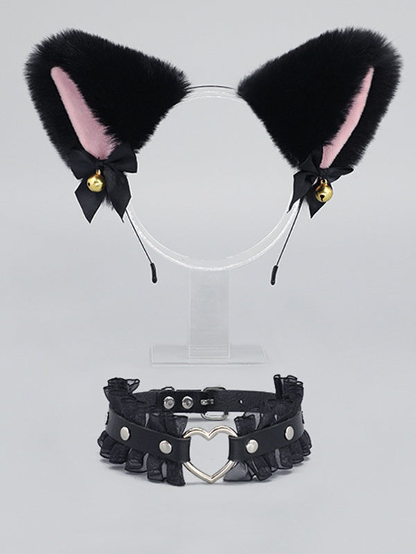 White KC Kitty Heart Black Decorated / Choker Ear Pink Set Bell Buckle Bowknot Plush +