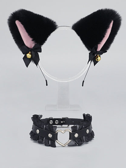 White KC Kitty Heart Black Decorated / Choker Ear Pink Set Bell Buckle Bowknot Plush +