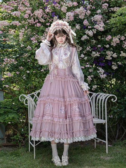 Sweet Purple Lolita JSK with Floral Embroidery & Ruffle Lace Trim - Luo Xiu Dong Xiang