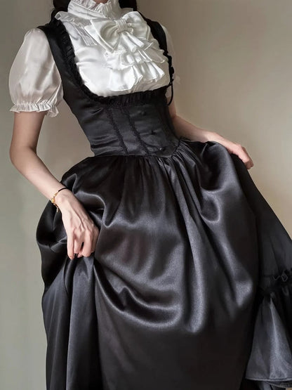 Black Satin Basque Waist Under Bust Classic Lolita JSK - Alice in Wonderland Lolita