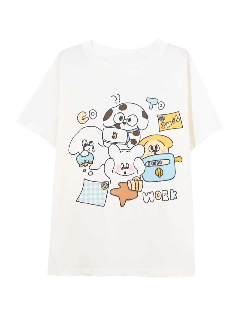 Cotton T-shirt Adorable Animal Print White Round Neck Loose