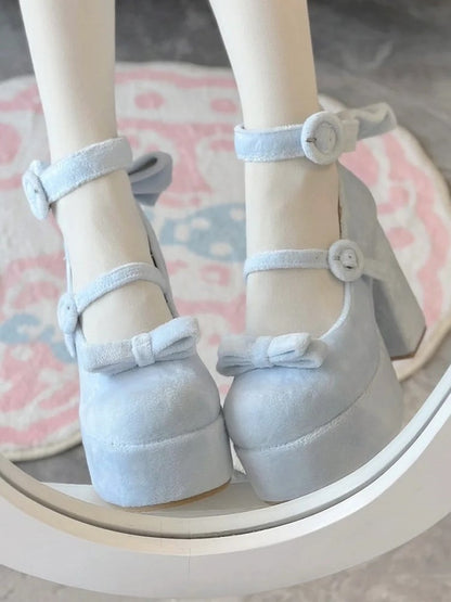 Janes Circle Platform Blue Mary Velvet Decor Bow High-heel Buckles