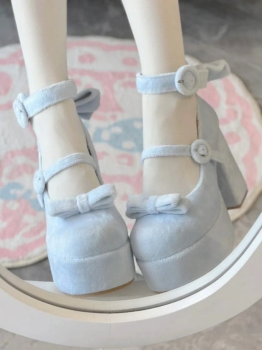 Janes Circle Platform Blue Mary Velvet Decor Bow High-heel Buckles
