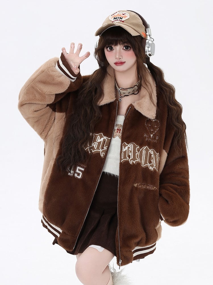 Jacket with Embroidery Fleece Brown Baseball Deep Letter Heart