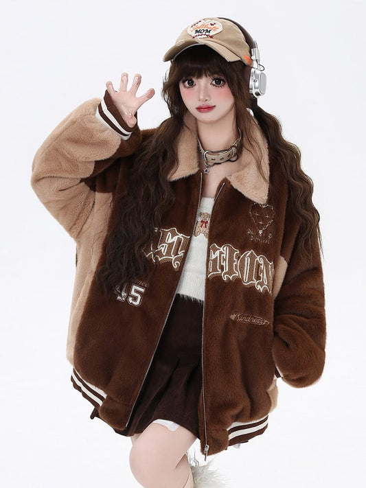 Jacket with Embroidery Fleece Brown Baseball Deep Letter Heart