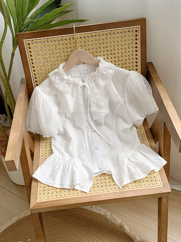 Breathable Comfortable White Puff Neckline Ruffle Short and Sleeves Shirt