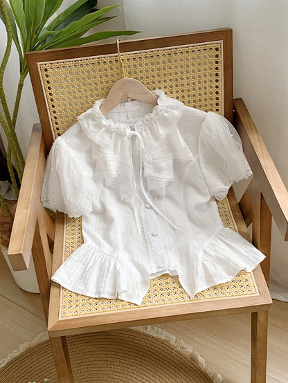 Breathable Comfortable White Puff Neckline Ruffle Short and Sleeves Shirt