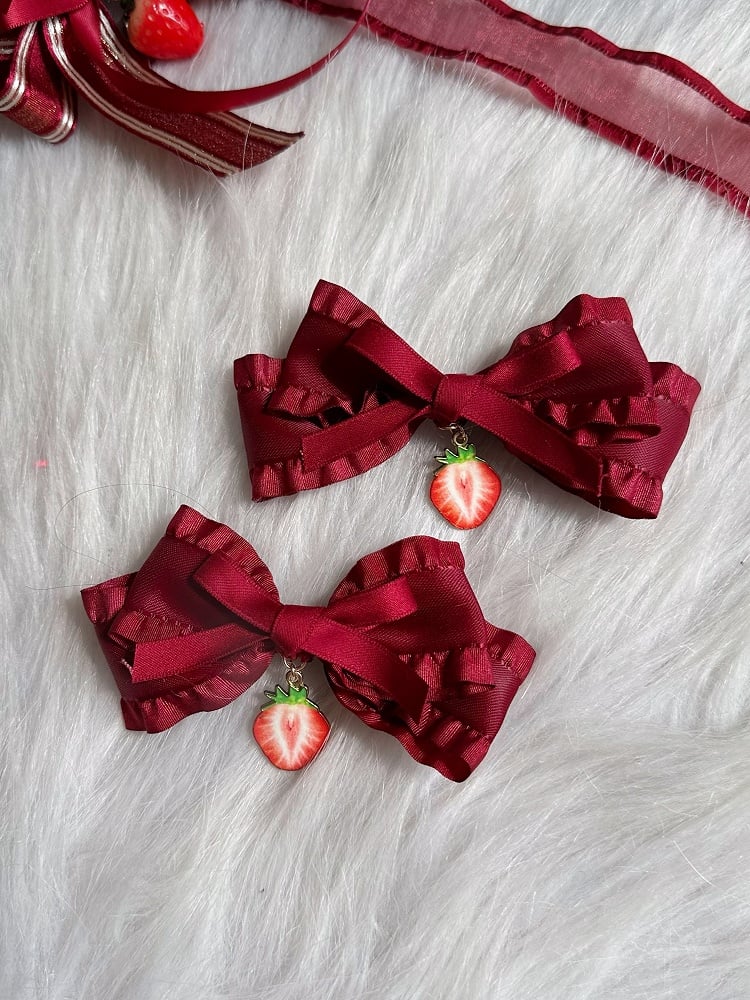 Strawberry Ruffle Decoration Trim Hairclip Red Bow Lolita