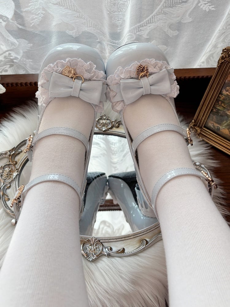 Bow Round Cute - Pumps Lolita Toe Mid-heel Pudding Decor Jane Heel Mary with Shoes Blue Shape Sweet