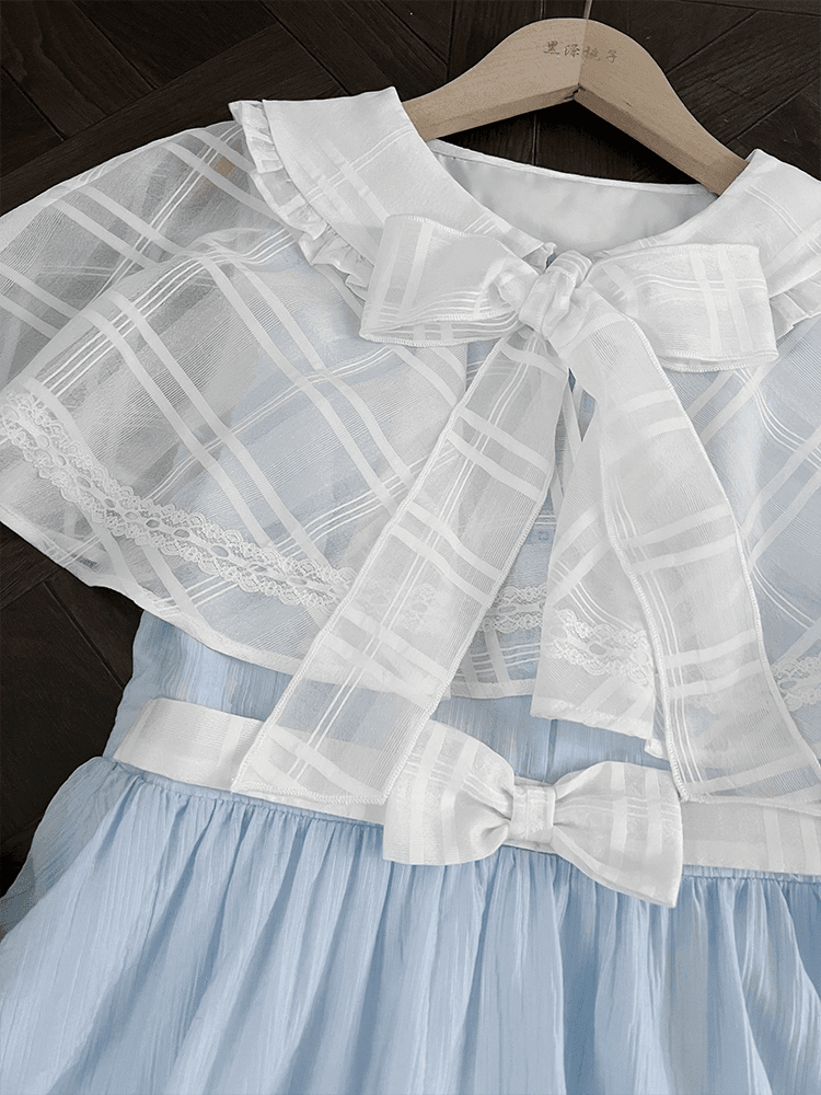Jirai Kei Light Blue Peter Pan Collar Cape Design Faux Two-pieces Dress