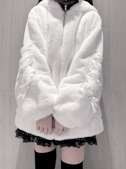 Off-White Warm Hooded Bow with Plush Jacket Kei Bear Ear Decor Jirai