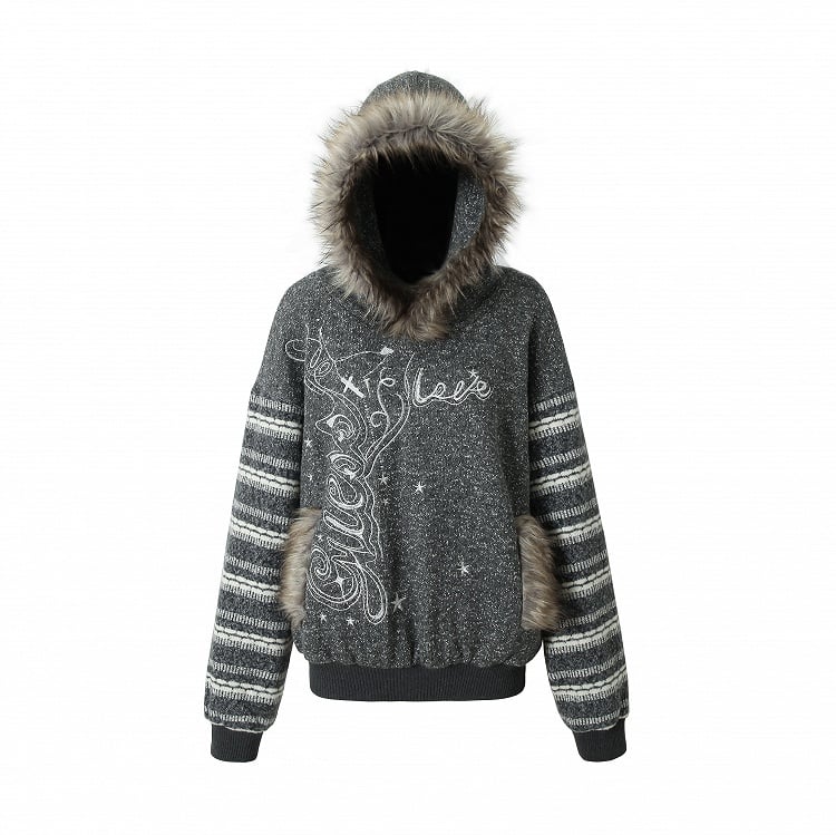 Black and White Plush Trim Striped Sleeves Hoodie