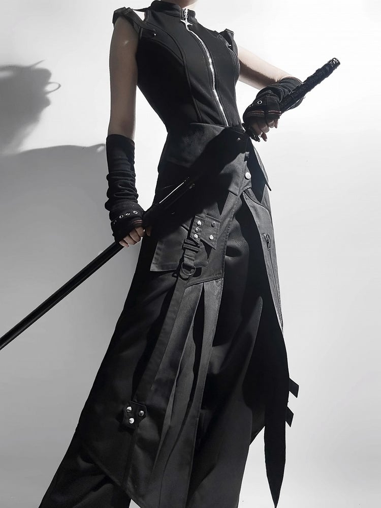 Schwarze Hose All + Techwear Top Set Ouji - Gürtel Ärmellos Mode Vollschürze Gothic