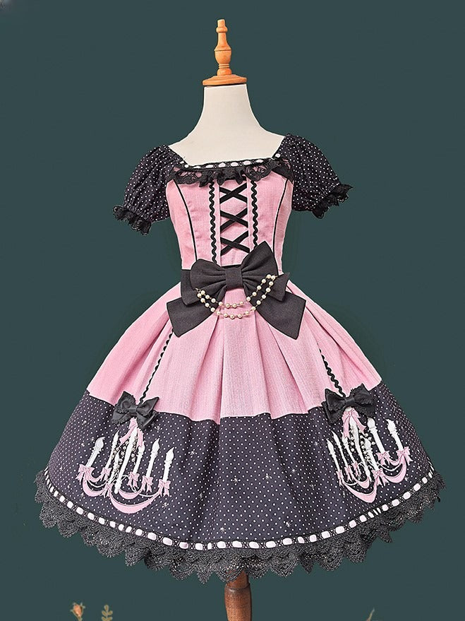 Dot Chandelier Pink Polka with Lolita Dress Print Black and Trim Lace Sweet