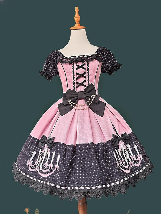 Dot Chandelier Pink Polka with Lolita Dress Print Black and Trim Lace Sweet