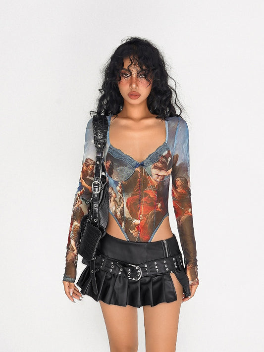 Detachable Square Painting Tulle Bodysuit with Oil Print Vintage