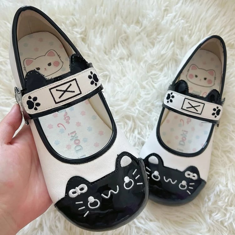 Print PU Round Flat Ear Paw Cute Stitching Mary Adorable - Toe Straps Black in Kitty with Cat Janes