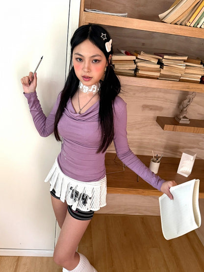 Print Black White Number Skirt with Striped Low-waist