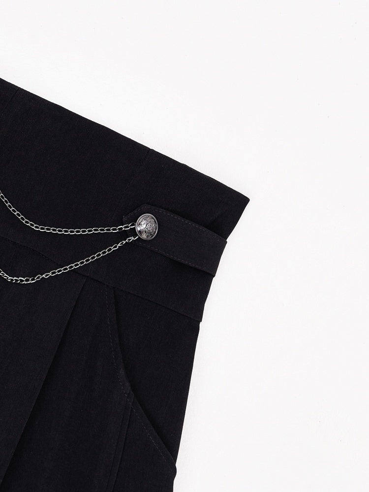 Black High-Waist Straight-Leg Shorts with Silver Chains and Buttons - DevilInspired Exclusive Collection