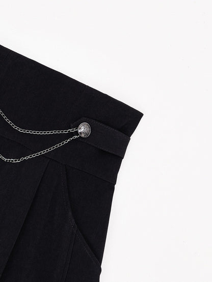 Black High-Waist Straight-Leg Shorts with Silver Chains and Buttons - DevilInspired Exclusive Collection