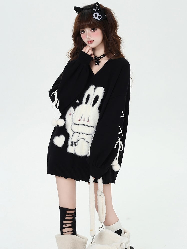Black Cute Bunny V-neck Loose Sweater Lace-up Detail at Sleeves